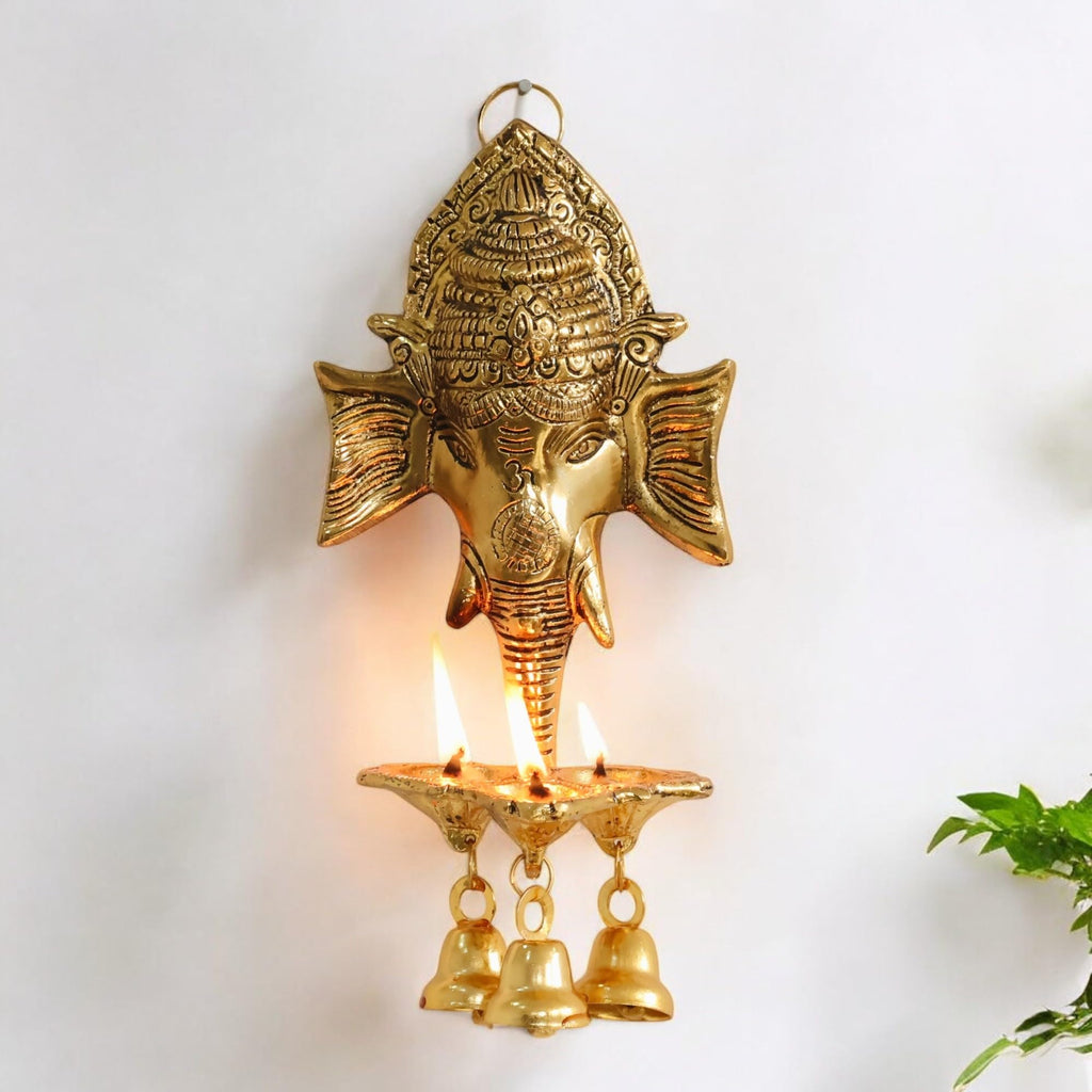 Metal Ganesha Wall Hanging Ganesh Diya with Three Bells for Home Decor, Gold Plated Metal Hanging Diyas Oil Lamp,