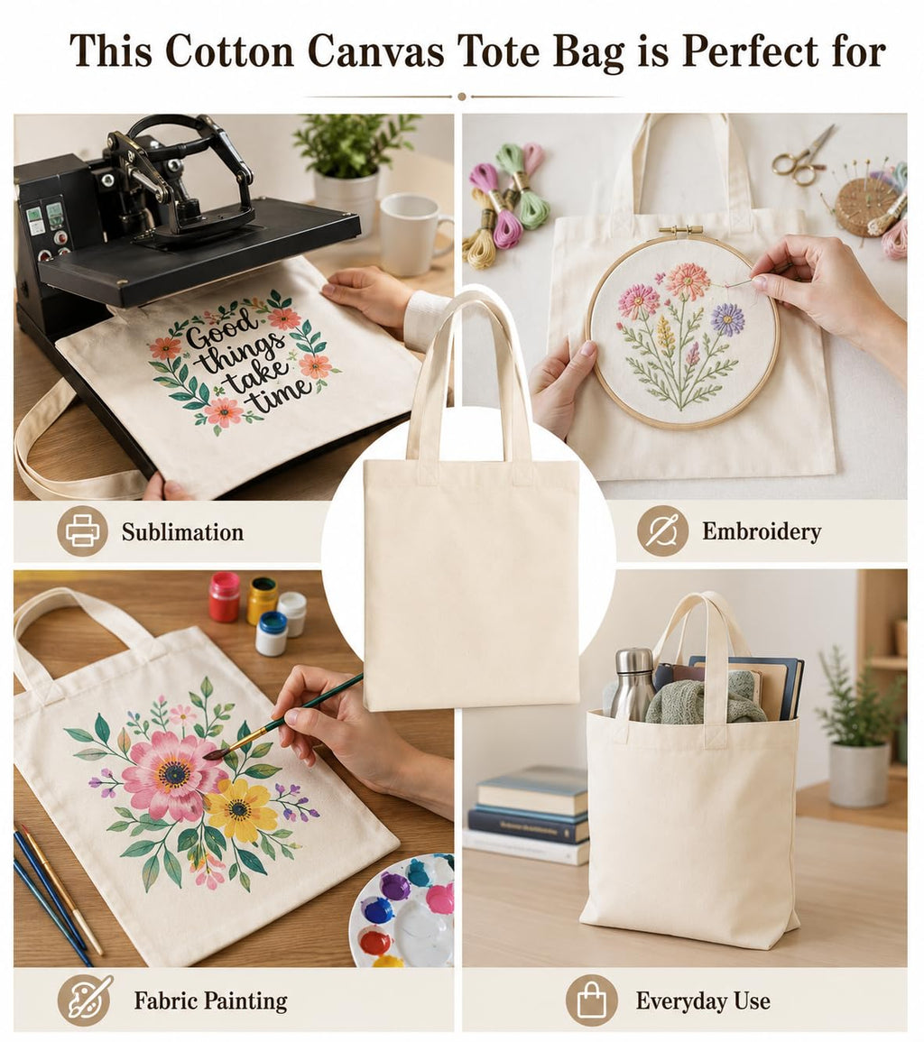 Plain Canvas Tote Bags 14 x 16 Inch, 150 GSM Cotton Tote Bags for Women & Men, Reusable Shopping Grocery Bags for DIY Painting, Craft, College & Daily Use, Multipurpose Bag (pack of 50)