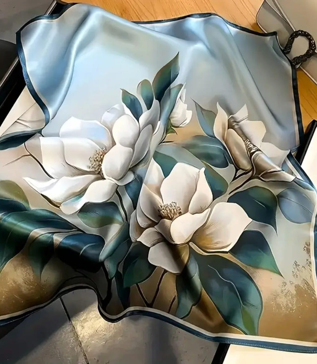 Silk Scarf, Multicolor Abstract Print, White Teal Gold, Square Neck Wrap, Satin Finish