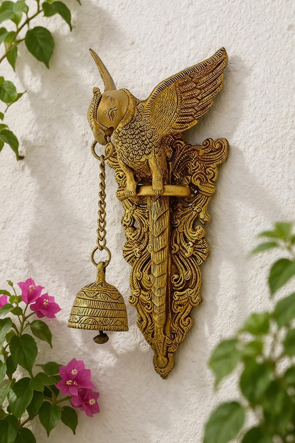 ARTVARKO Antique Brass Big Parrot Wall Hanging Bell Chain Welcome Home Decoration for Mandir Ganti for Temple Pooja Height 10 Inches