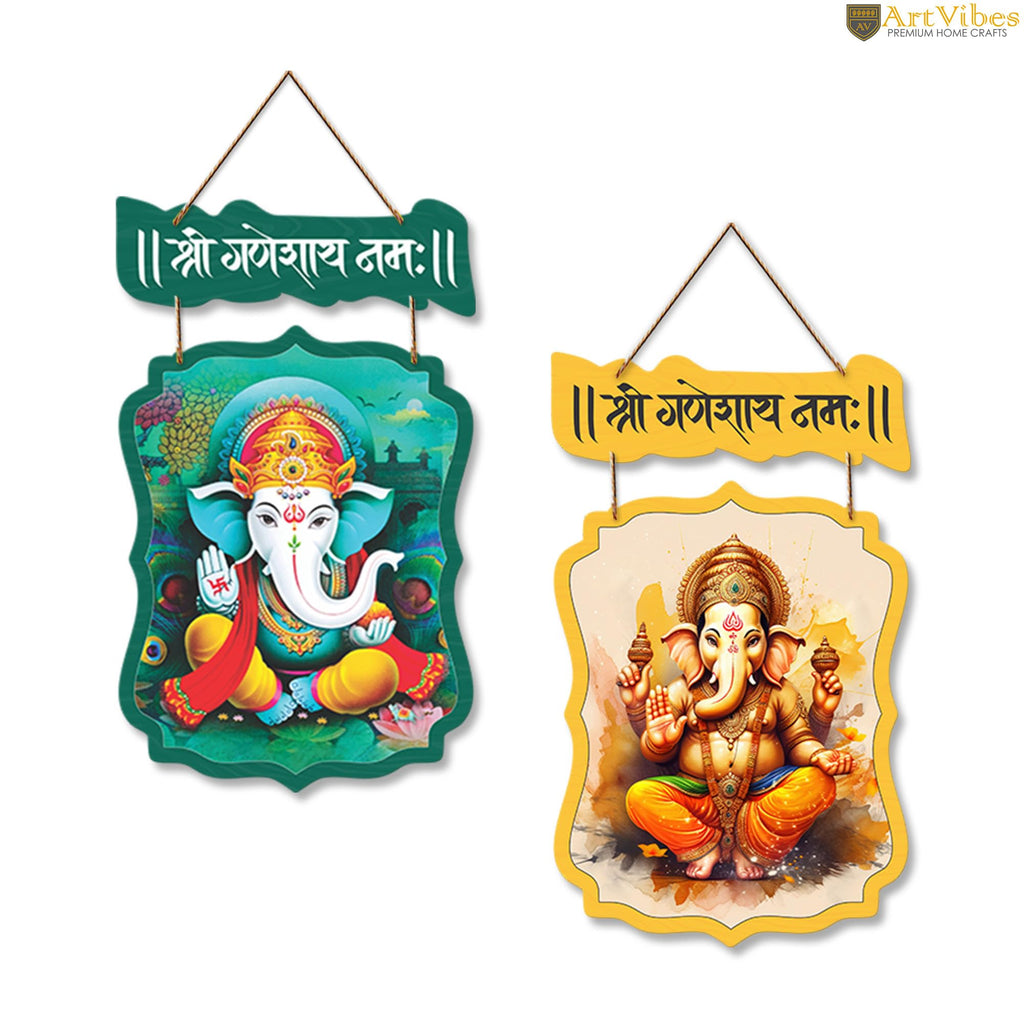 Artvibes Shri Ganesh Mantra Printed MDF Wooden Wall Hanging For Home | Spiritual Decor Items | Handcrafted Art | Wall Sculpture | Artwork| Stylish Modern Decor Item | Gift Items (WH_9701N), Set of 2