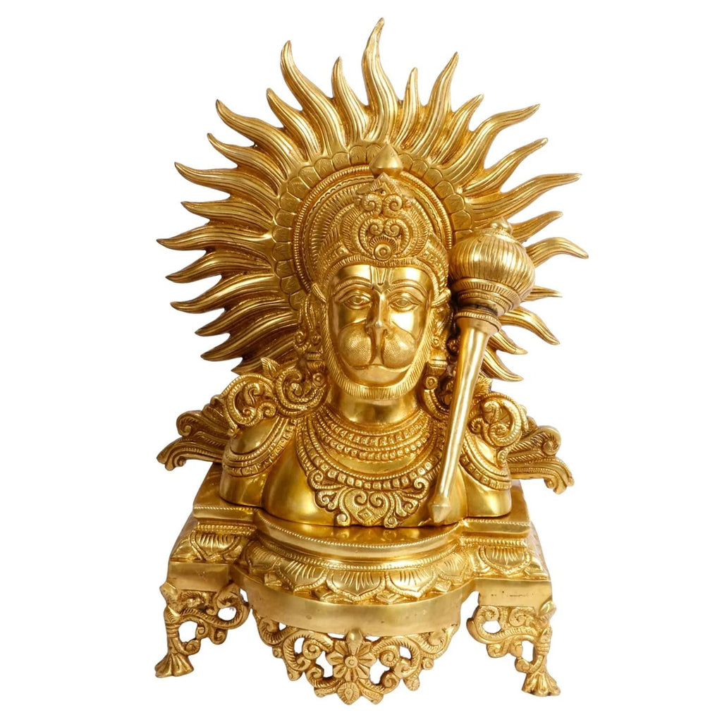 ARTVARKO Big Brass Lord Hanuman Ji Bust with Gada on Shoulder Murti Bajrangbali Bhagwan Statue Height 14.5
