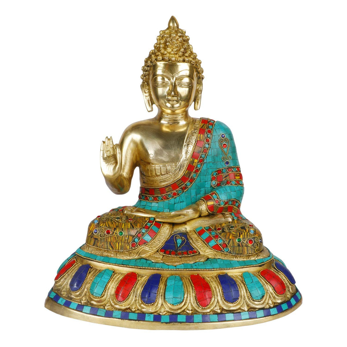 Svarup Brass Gautam Buddha Idol Statue Murti Draped in Stone Embellished Shawl for Home Decoration Blessing Buddha Height 14 Inch Weight 7.9 Kg Color Turquoise