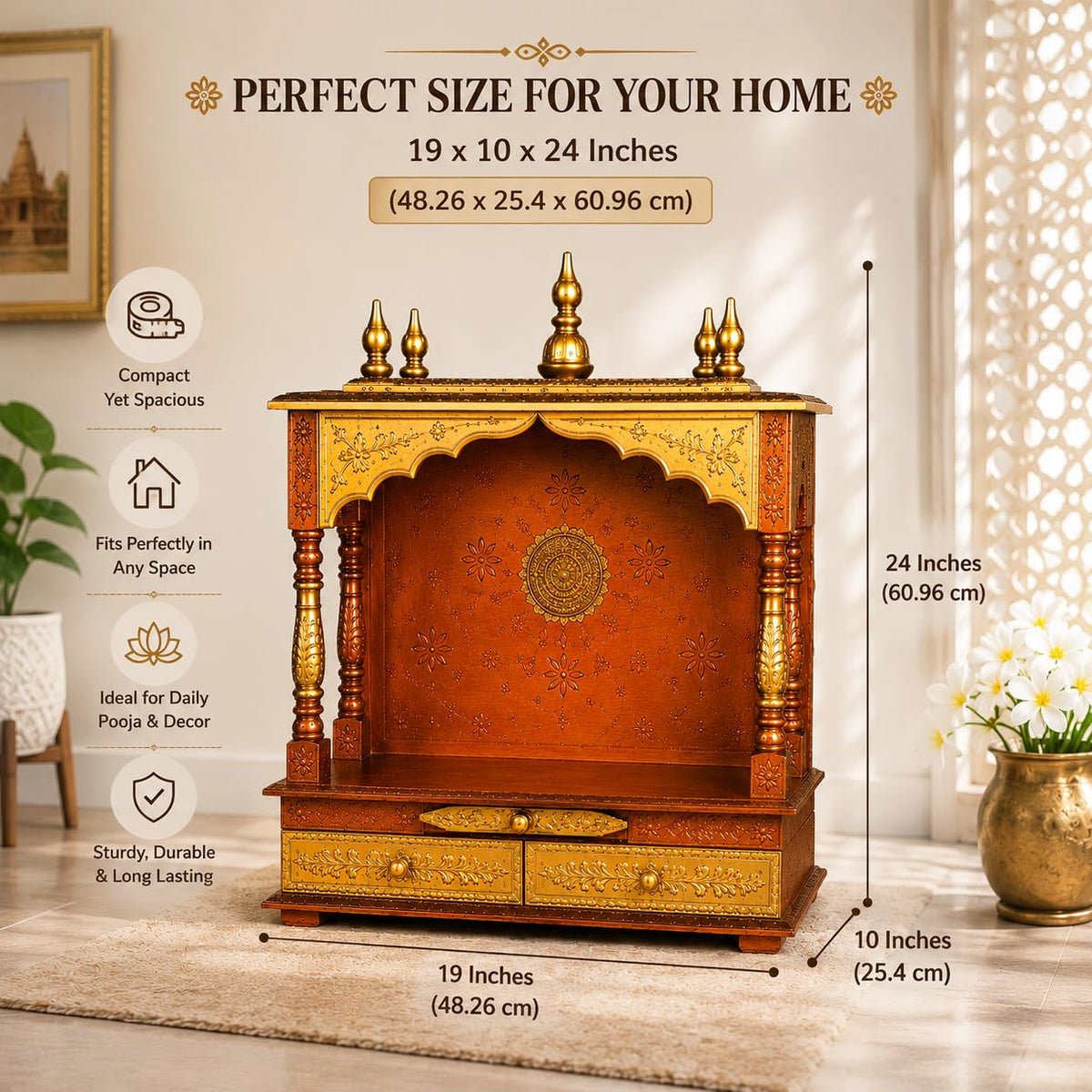 Home and Bazaar Wooden Temple Rajasthani Ethnic Handcrafted Mandir, Pooja Ghar Mandapam - 18x12x24 Inch Brown | Traditional Wood Pooja Mandir Hindu Temple for Home Décor Mandapam