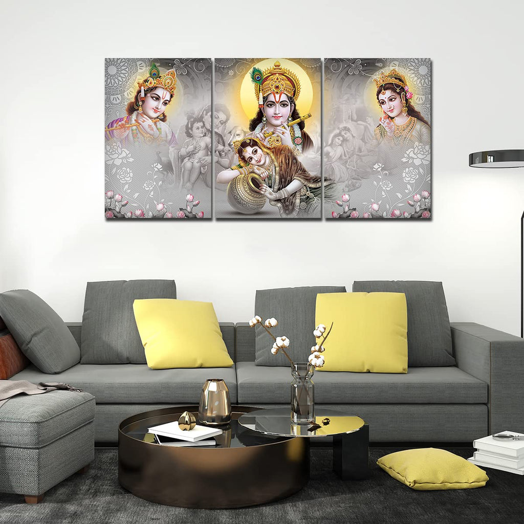 VIBECRAFTS 3 Pieces Beautiful Radha Krishna Canvas Wall Painting Fitted With Wooden Frame For Home | Office | Living Room | Gifts (PTVC3Pcs3_11501)