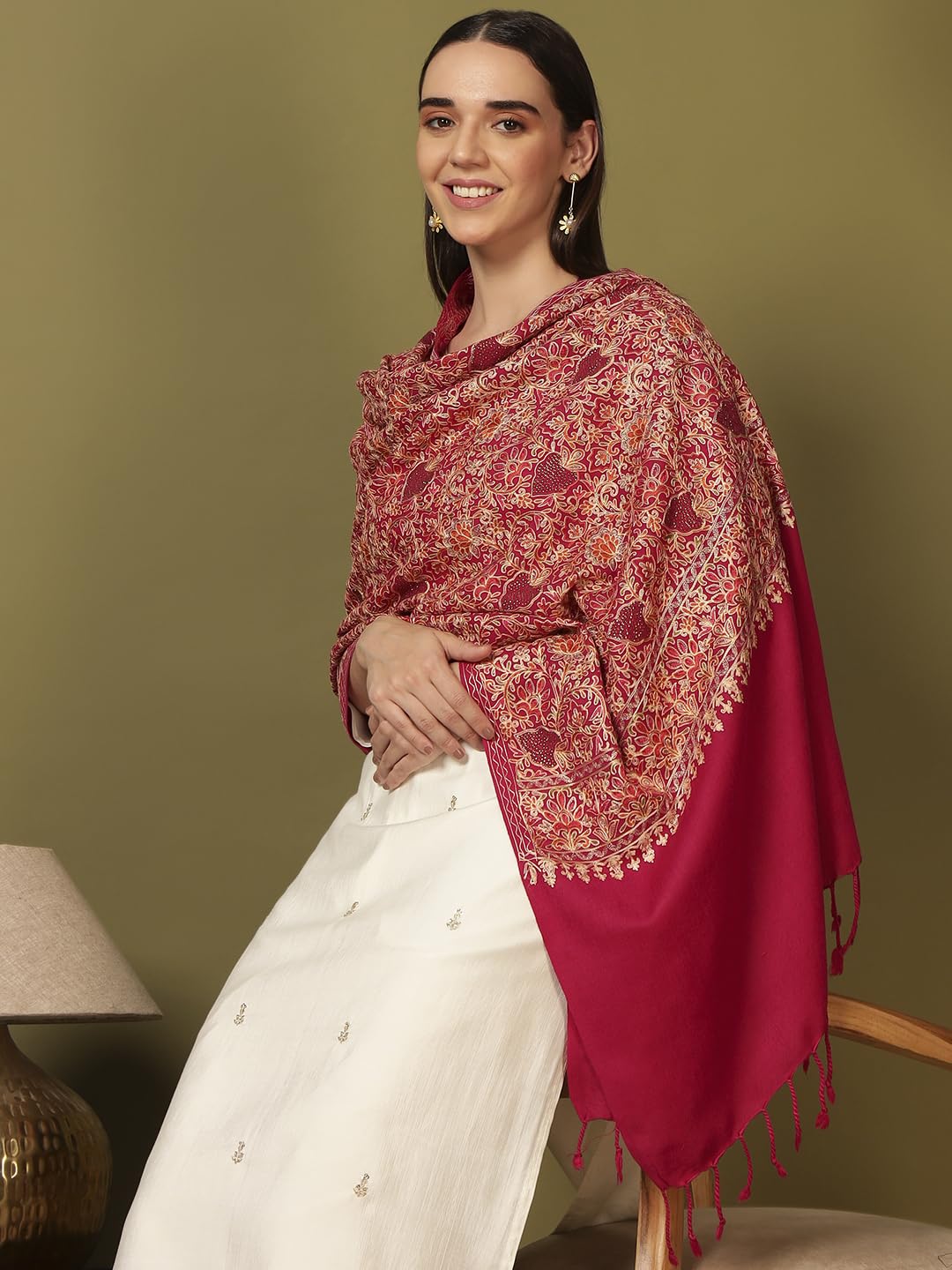 Pashmoda Women Hunar Fine Wool Nalki Embroidered Stole (Size : 28x80in, 71X203cm) EMST02