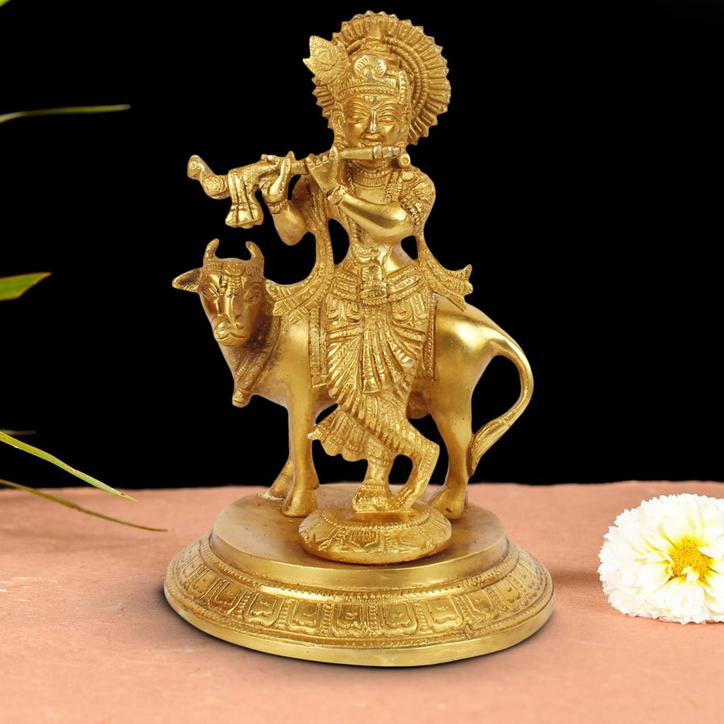 ARTVARKO Brass Krishna Playing Flute with Cow Idol Sculpture Home Decor for Living Room Pooja Gift Item (LxBxH 5x5x7.5 Inch 2 Kg)