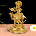 ARTVARKO Brass Krishna Playing Flute with Cow Idol Sculpture Home Decor for Living Room Pooja Gift Item (LxBxH 5x5x7.5 Inch 2 Kg)