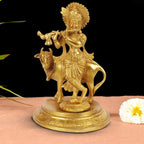 ARTVARKO Brass Krishna Playing Flute with Cow Idol Sculpture Home Decor for Living Room Pooja Gift Item (LxBxH 5x5x7.5 Inch 2 Kg)