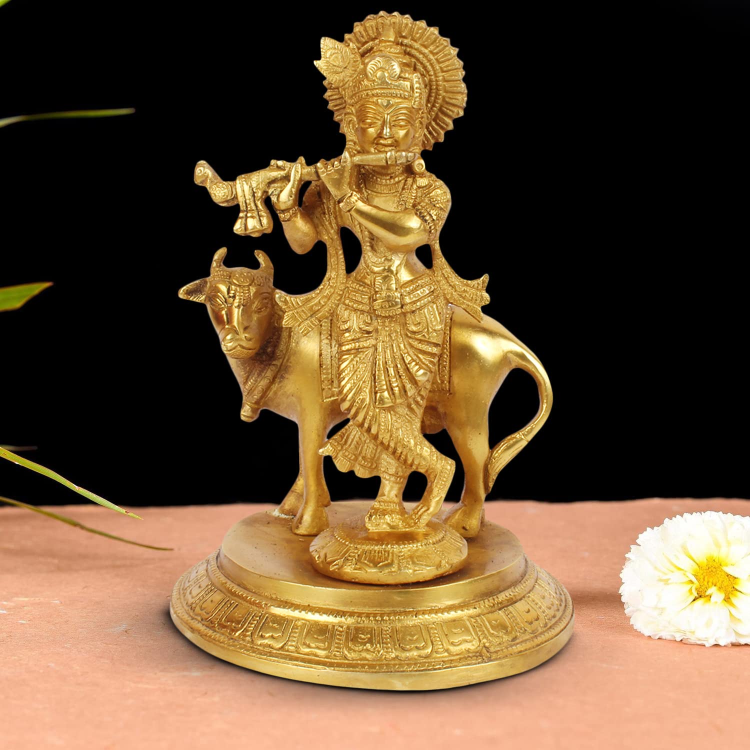ARTVARKO Brass Krishna Playing Flute with Cow Idol Sculpture Home Decor for Living Room Pooja Gift Item (LxBxH 5x5x7.5 Inch 2 Kg)