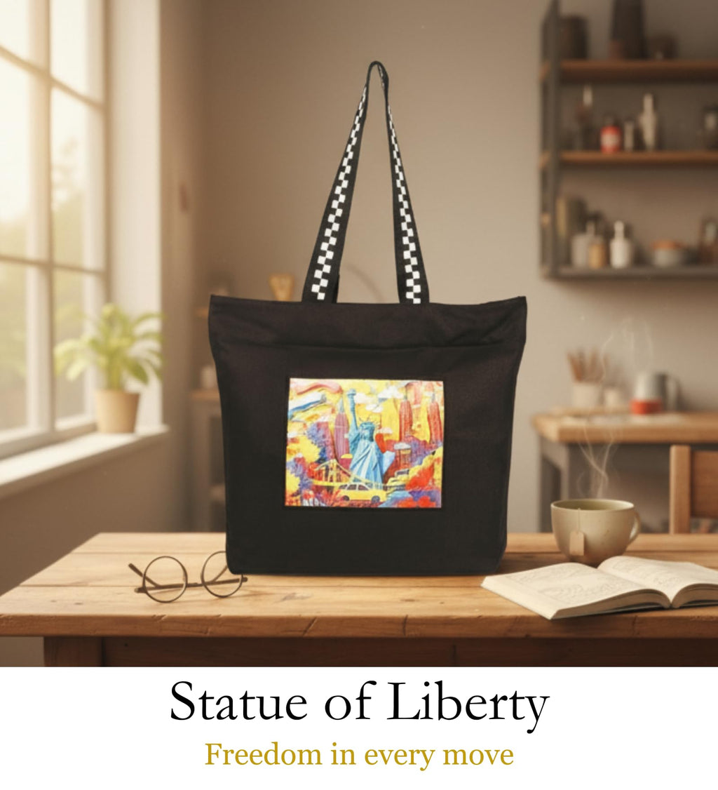 WOTM On The Move Tote | Premium Printed Cotton Canvas Tote Bag with Zipper & Inside Pocket, Stylish Everyday Travel Bag for Work, College, Office, Travel, Shopping (Statue of Liberty)