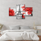 VIBECRAFTS Beautiful Couple Under An Umbrella On Eiffel Tower Street 4 Pieces Canvas Wall Painting Fitted With Wooden Frame For Home | Office | Living Room | Gifts (PTVC4Pcs4_16502)