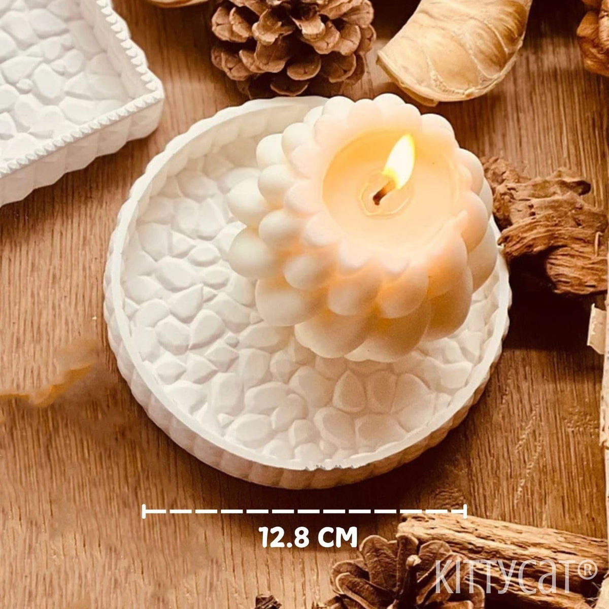 Kitty Cat® Handmade Concrete Trinket Tray | Off-White Jewelry & Makeup Organizer | Elegant Home Decor & Candle Holder | Multifunctional Storage Tray for Desk & Bedroom (Round) 13cm