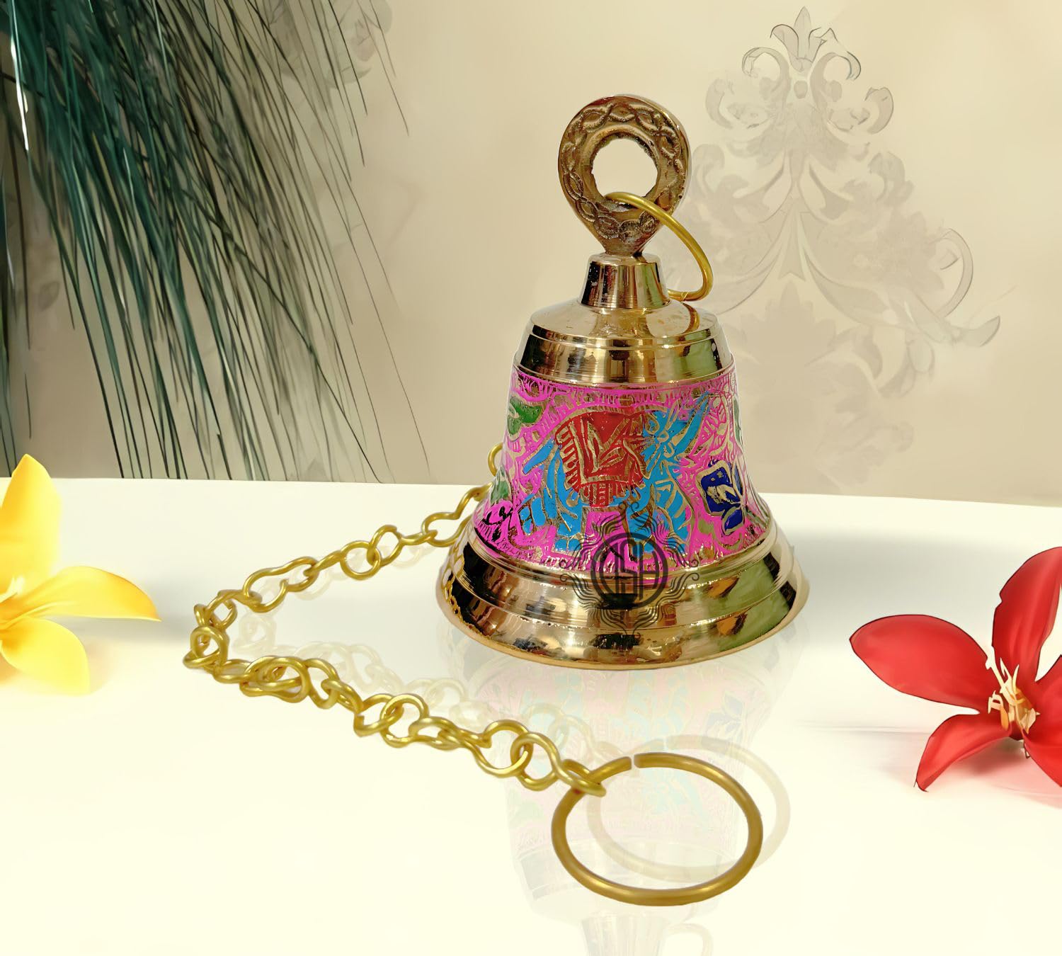 DSH Brass Hanging Bells for Puja Room Decoration Items Hanging Bell for Mandir Temple Decor Ghanti for Mandir. (Pink, H-4.5 Inch)