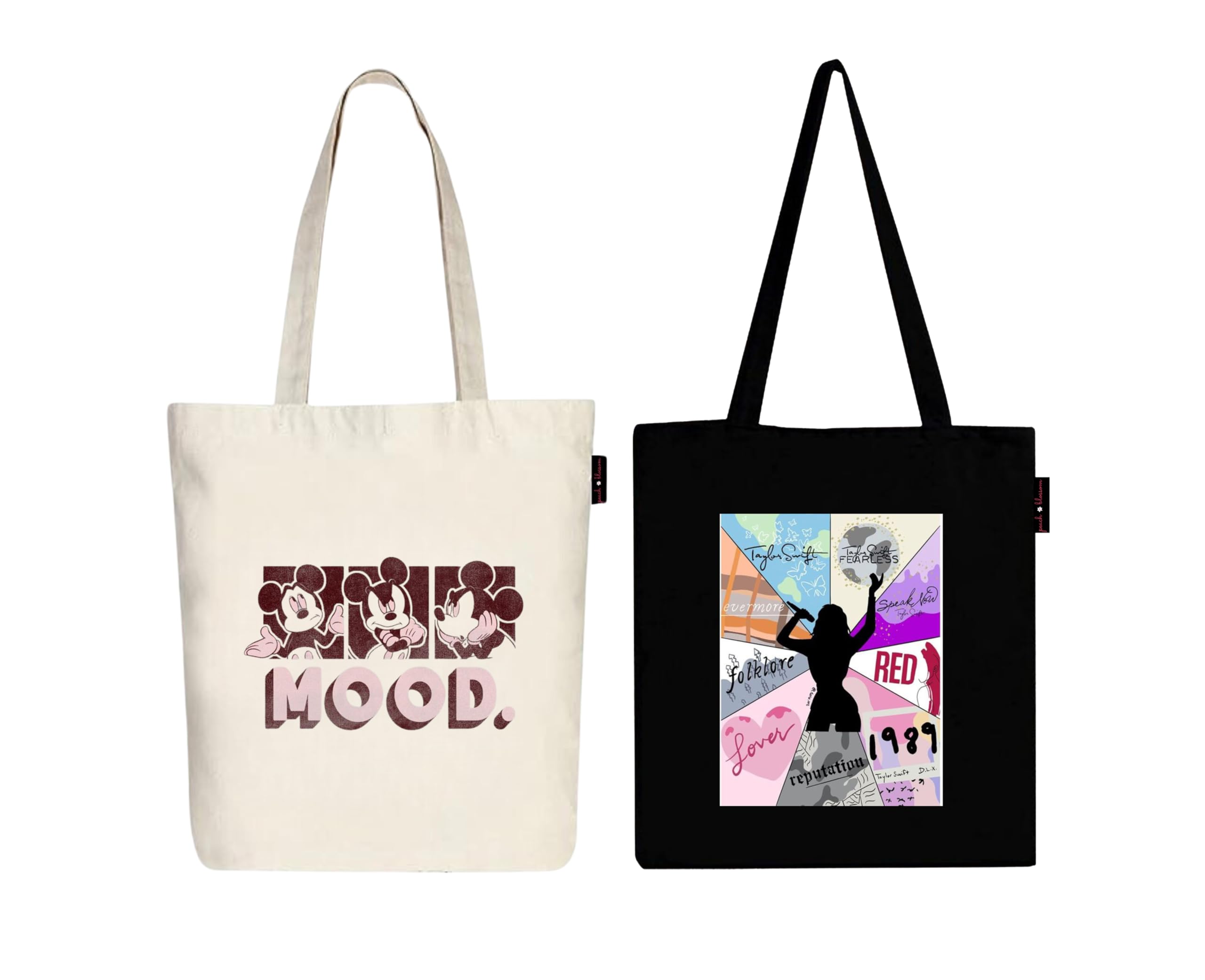 Peach Blossom Printed Cotton Zipper Tote Bags | CBAG - WHT-MOOD_BLK-1989(9) BOX