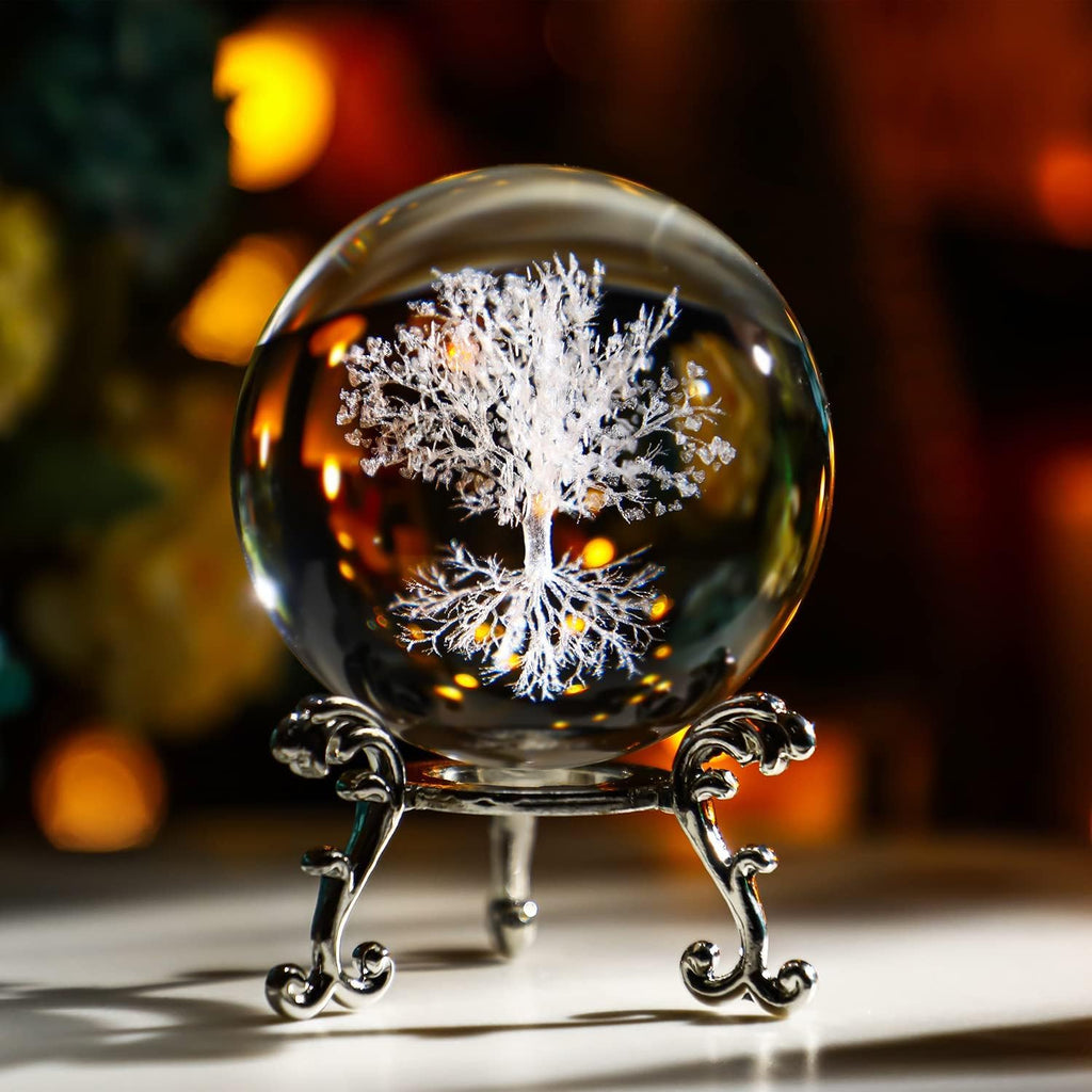 Neouth 60mm Tree of Life Crystal Ball with Stand Decorative Paperweight 3D Laser Engraved Glass Plant Life Tree Sphere Novelty Home Decor