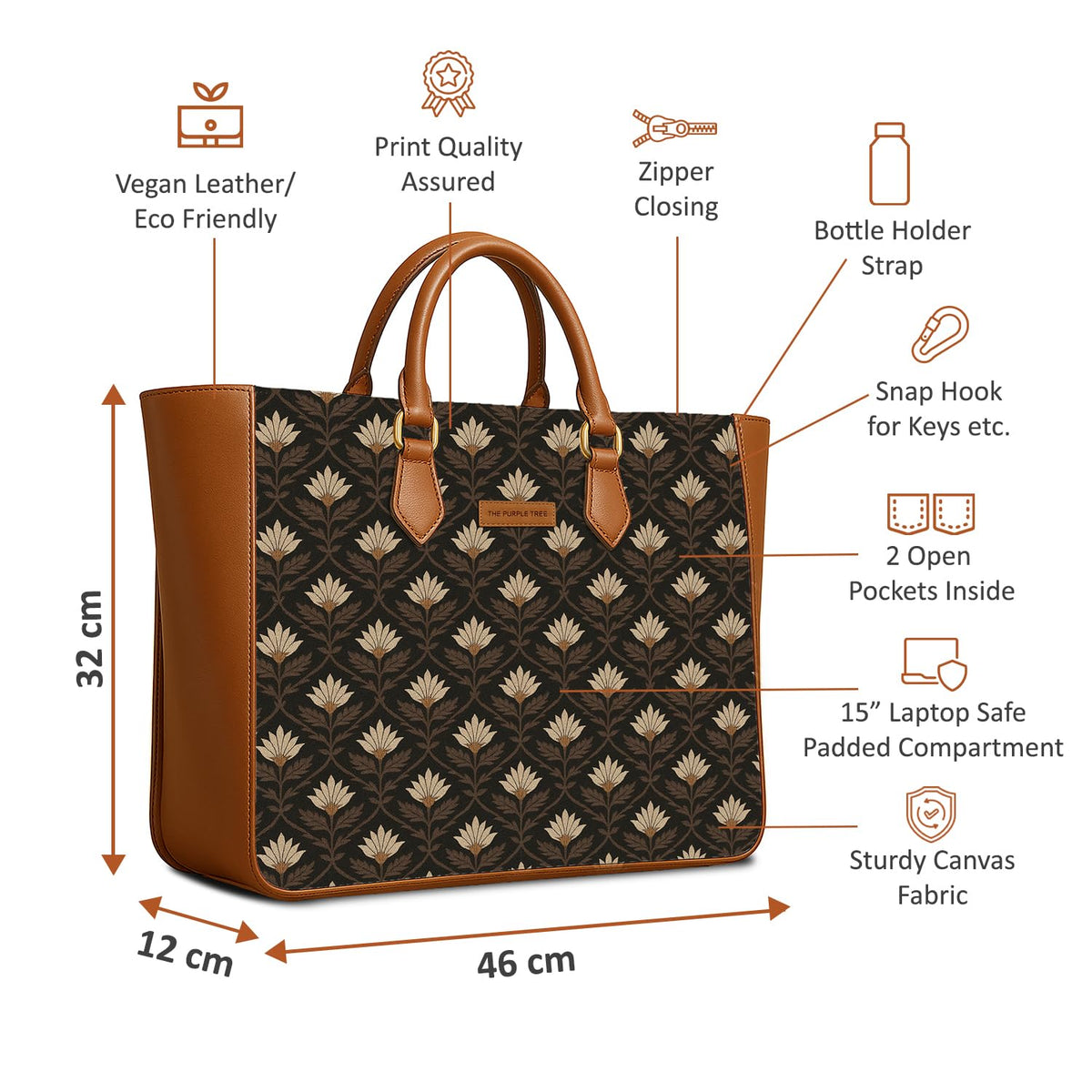 The Purple Tree Women's Office Essential Bag | Vegan Leather Handbag with Laptop Compartment | Spacious Office Bag | Durable Non-Fade Designer Work Tote for Travel, College & Daily Use (Sepia Garden)