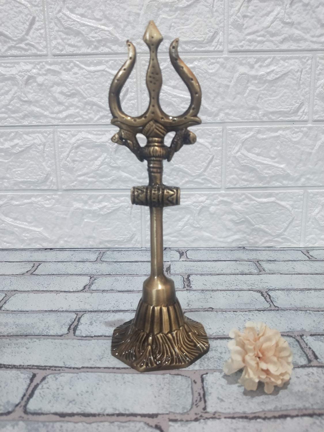 ARTVARKO Lord Shiva Brass Trishul with Damru on Stand for Pooja Room 8 Inches
