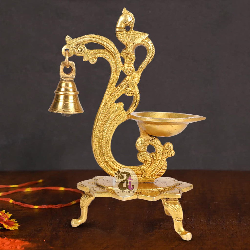 Artvarko Brass Bird Peacock Traditional Hanging Bell Diya Oil Lamp Stand Diwali Puja Home Office Temple , 8 Inches