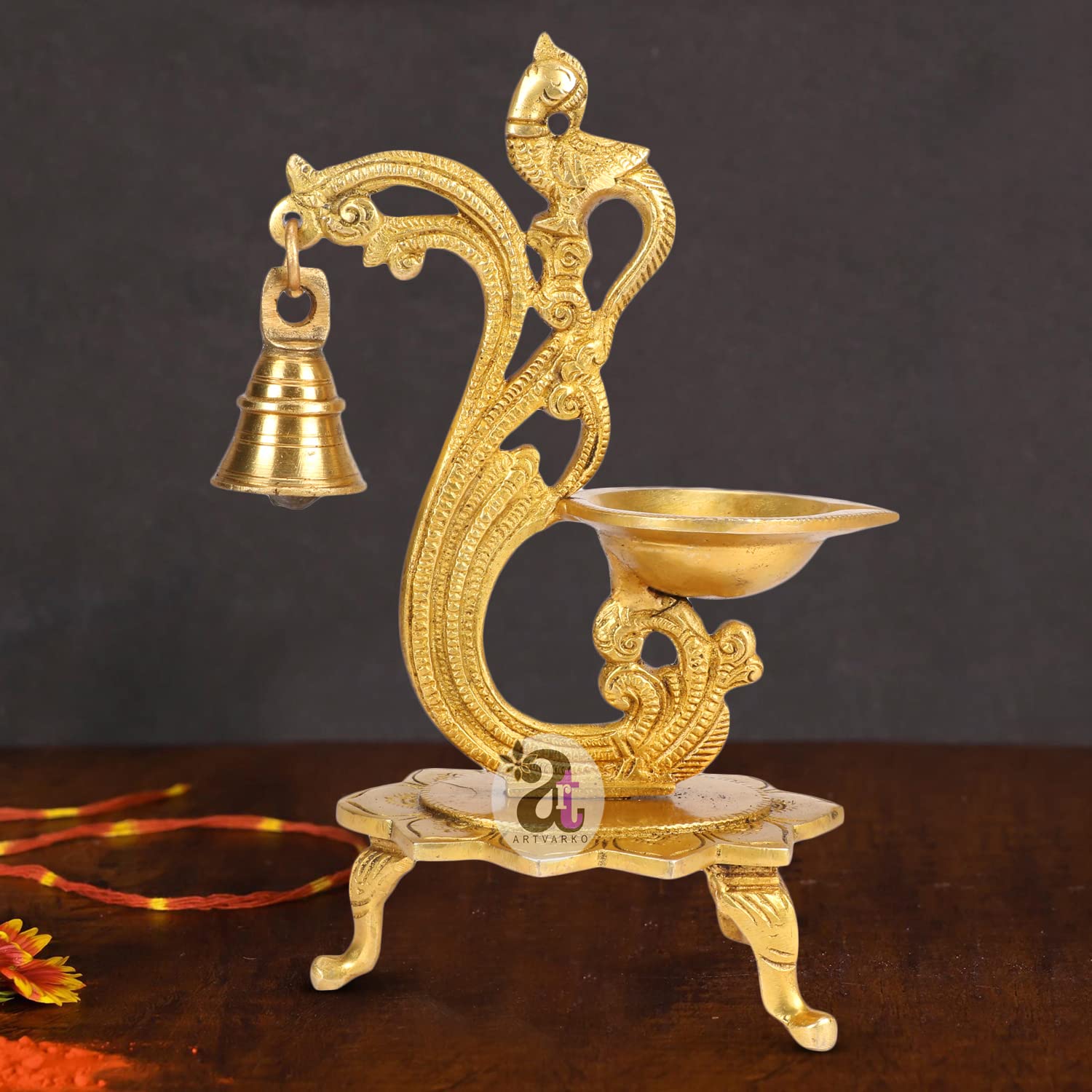 Artvarko Brass Bird Peacock Traditional Hanging Bell Diya Oil Lamp Stand Diwali Puja Home Office Temple , 8 Inches