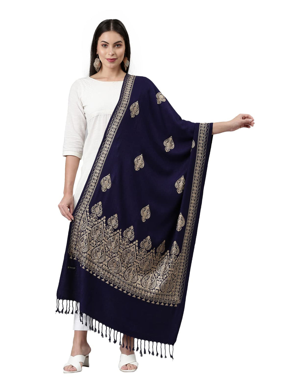 Pashmoda Women Kashmiri Aari Embroidery Stole (Size: 71X203 CM) (Navy Blue)