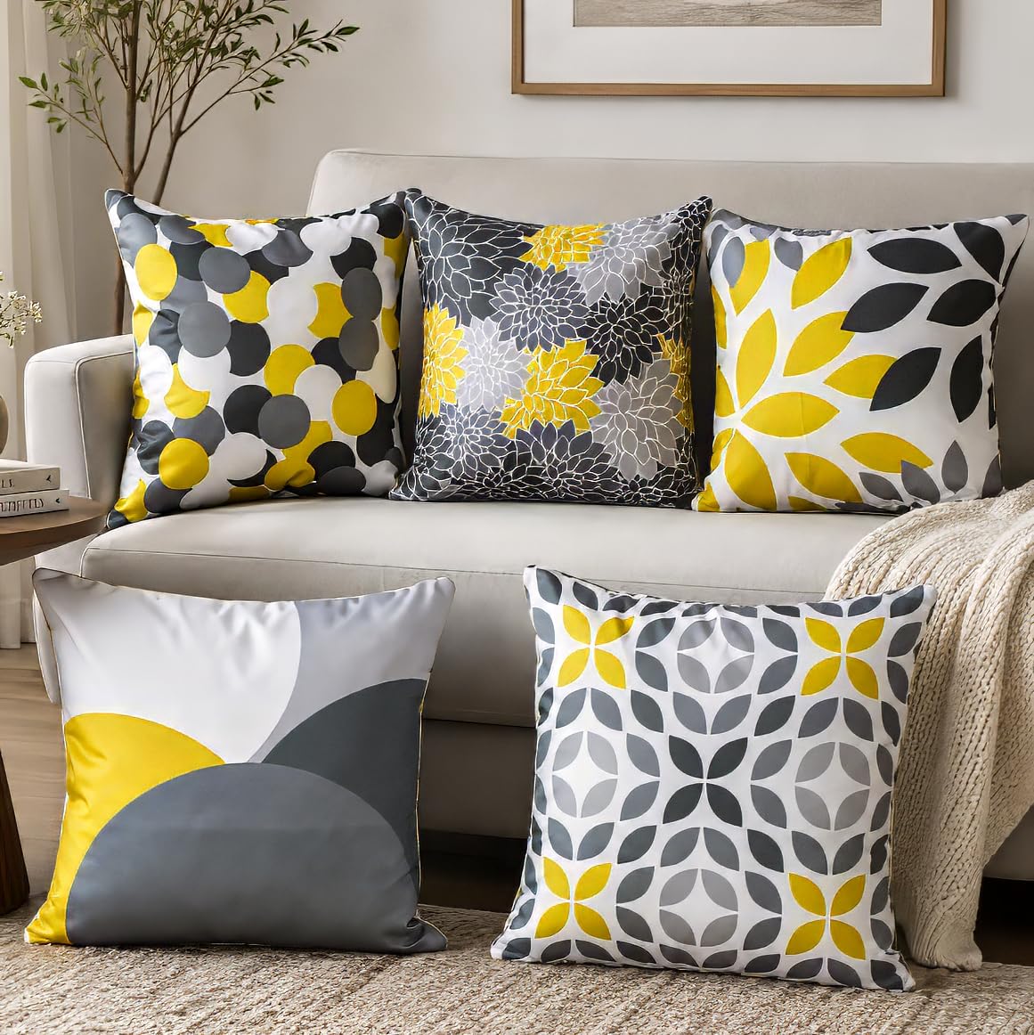 Vendola Decorative Satin Sofa Cushion Covers Set of 5, 16 inch x 16 inch, Sofa Cushion Pillow Cover, Yellow and Grey, Zipper Closure (Canary, 16X16 Inches)