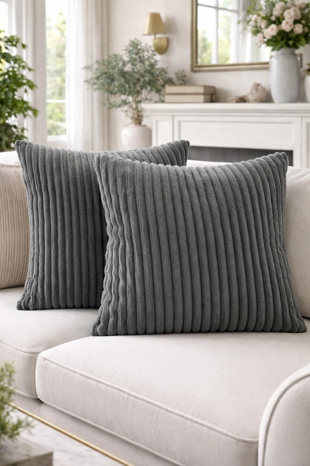 AWARD VELVETS Premium Faux Rabbit Fur Plush Luxury Soft Fluffy Striped Decorative Throw Pillow/Cushion Covers for Sofa, Couch, Living Room - (Dark Gre, 24 x 24 inch) Set of 2