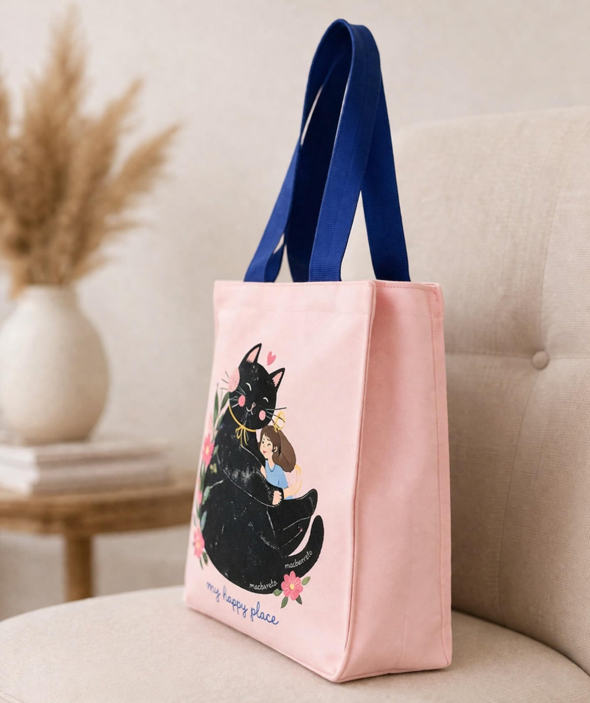 THE SACK CO. Large Canvas Tote Bag for Women, Tote Handbags for Women with Zipper & for College, Shopping, Office (tsc-My Happy Place Cat Tote Bag)