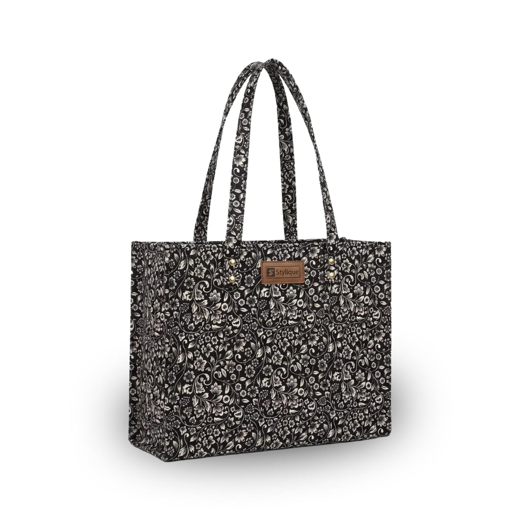 Stylique Women's Jute Cotton Tote Handbag | Large Office Shoulder Bag with Zipper | Premium Reusable Canvas Shopping Purse for Laptop, College, Travel, Picnic & Daily Use (Black)