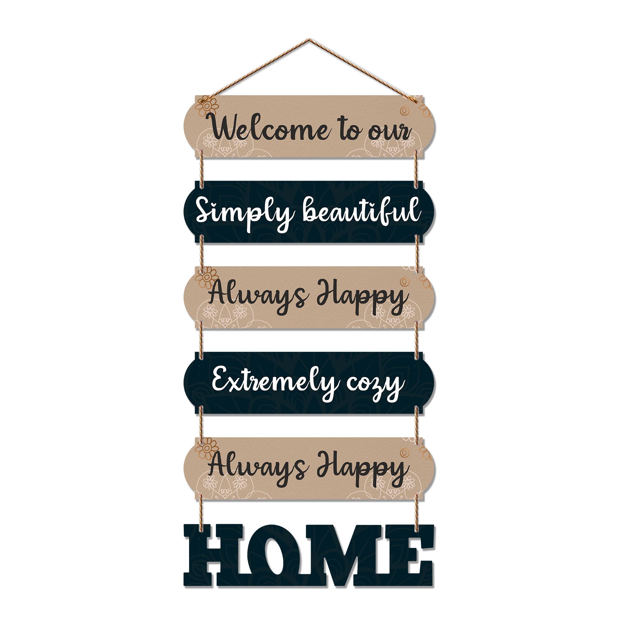 Artvibes Welcome To Our Always Happy Home Wooden Wall Hanger for Gateway | Decor Hanging Ornaments | Door Quotes Hanging | Wall Poster | Modern Decor Items | Gift Items for Home Decor (WH_6609N)