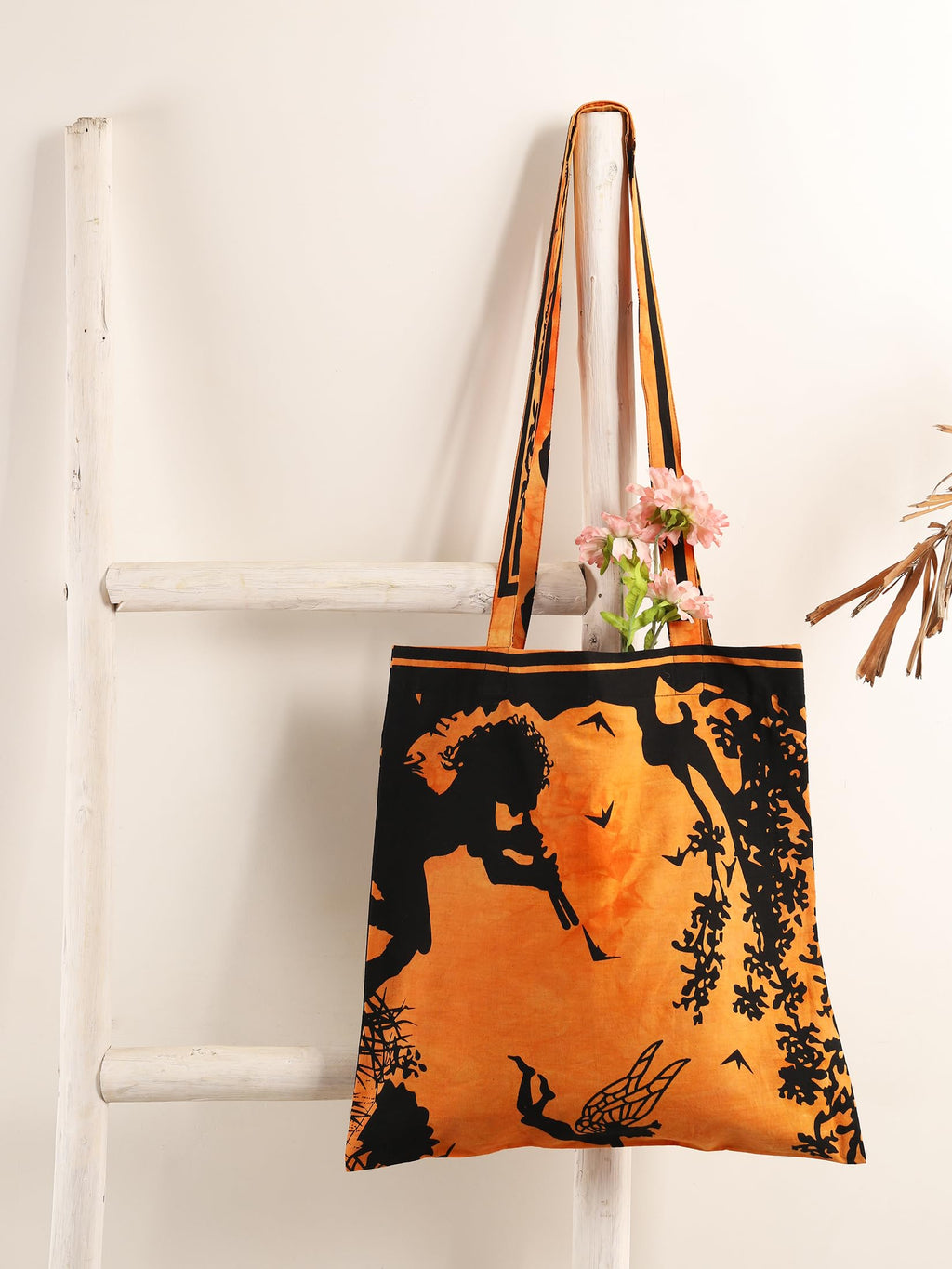 Ravaiyaa - Attitude is everything Cotton Shoulder Bag/Tote Bag For Women| Printed Multipurpose Handbag With Top Zip | Best For Shopping, Travel, Work, Beach, Office, College (Orange Fairy Land)