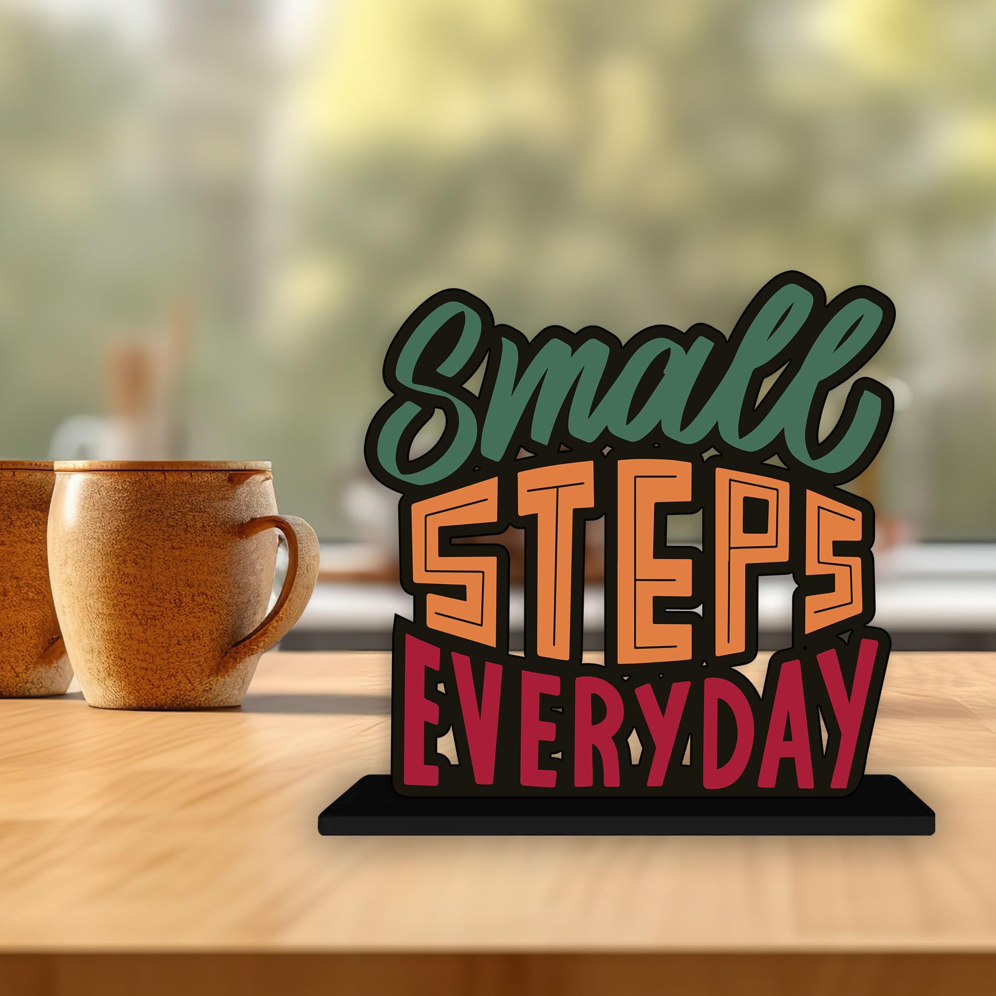 Artvibes Wooden Idols and Figurine Small Steps Everyday Quotes Table Decor for Office Desk Alphabet Showpiece | Home Decoration | Living Room | Modern Gifting Item (Sp_1162)