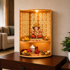 Fliptic Corner Pooja Mandir for Home & Office with LED Light | Wall Mounted Temple for Corner | Advance Laminate MDF Wooden Devghar in Bavarian Beach Finish | DIY Mandir for Living Room & Prayer Room