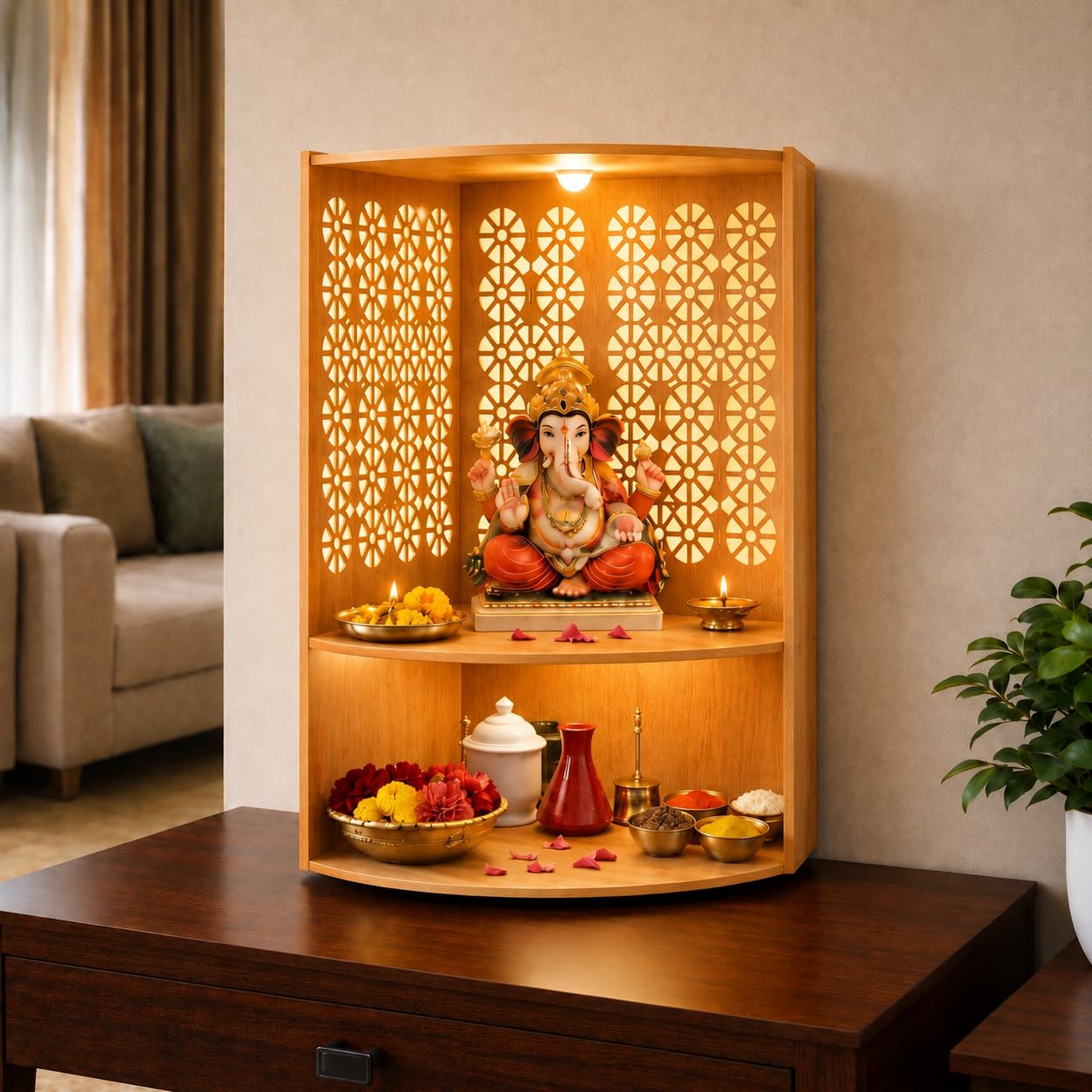 Fliptic Corner Pooja Mandir for Home & Office with LED Light | Wall Mounted Temple for Corner | Advance Laminate MDF Wooden Devghar in Bavarian Beach Finish | DIY Mandir for Living Room & Prayer Room