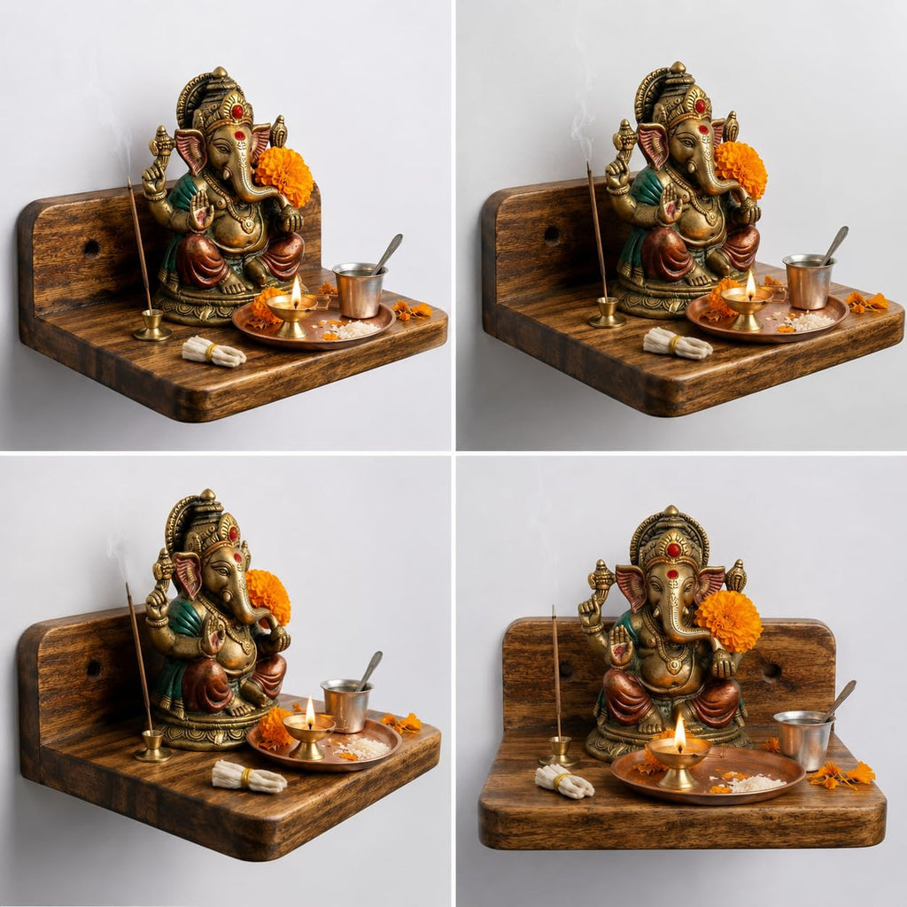 Handcrafted Wooden Wall Mounted Temple Shelf for Home | Rustic Puja Mandir Floating Shelf | Wooden Pooja Stand for Ganesh Idol, Diya & Incense Holder | Home Decor & Spiritual Corner