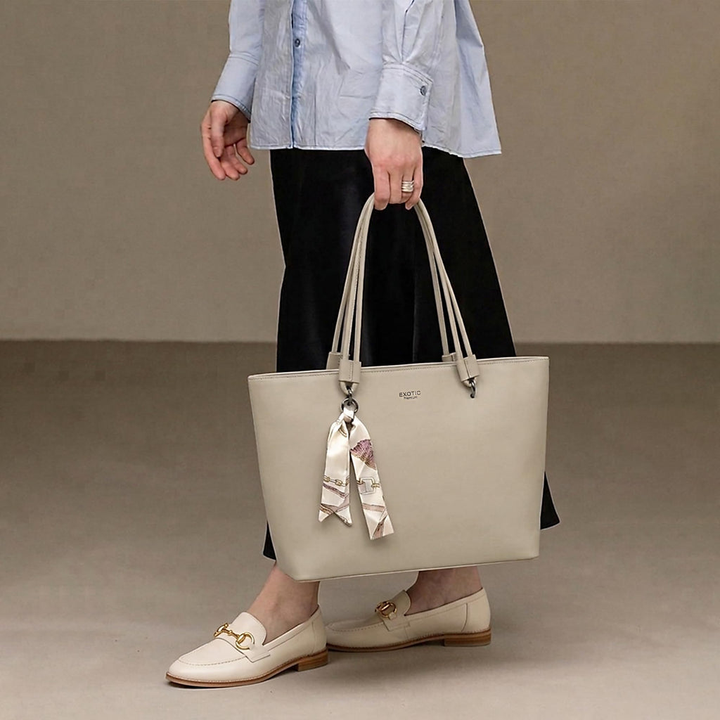 EXOTIC Celeste Structured Tote Bag with Laptop Compartment | Premium Minimal Design | Multi-Section Interior | Everyday Work & Travel Tote (Off White)