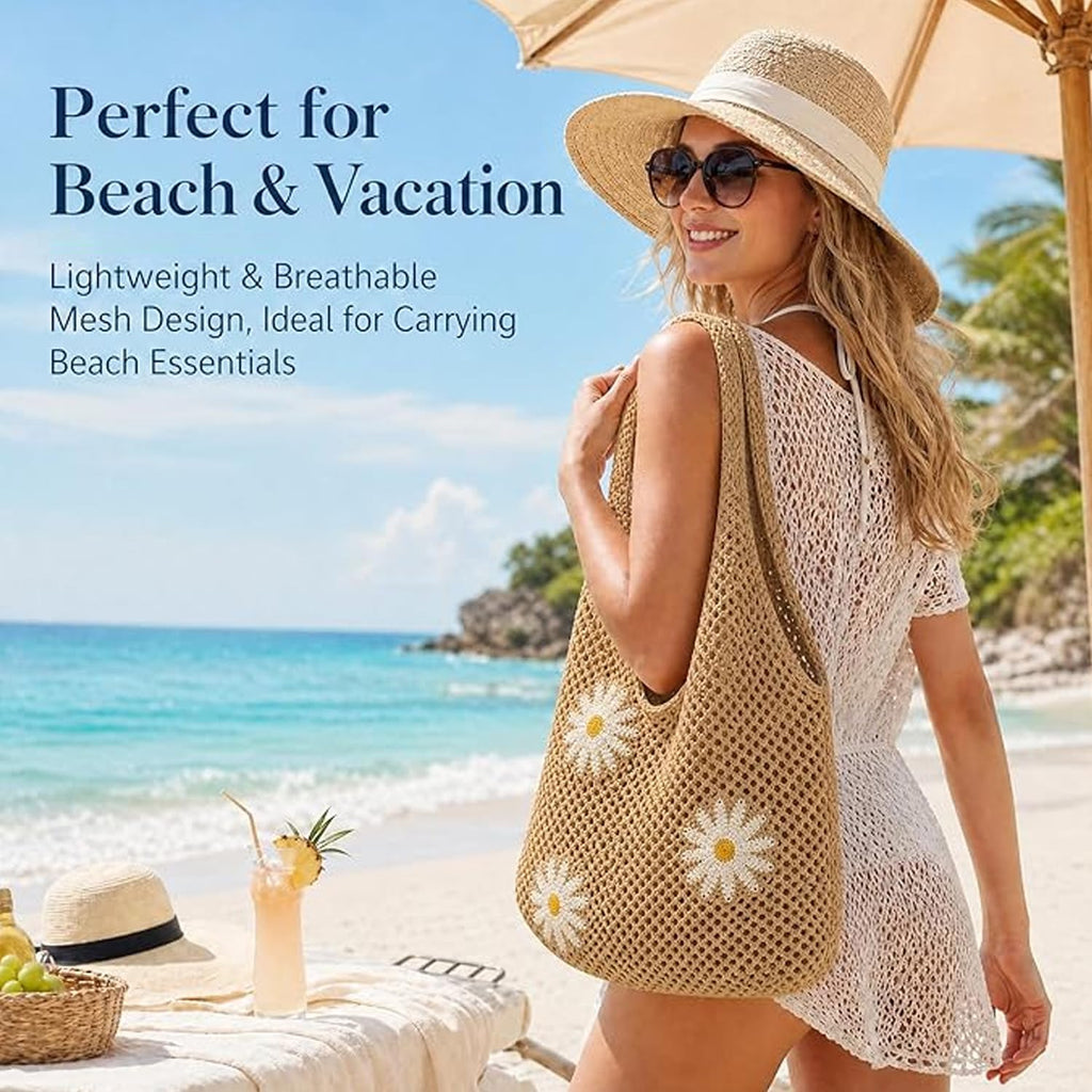 Tote Bag for Women Crochet Mesh Beach Shoulder Bag Khaki Knitted Summer Vacation Handbag with Flower Brooch Large Capacity Lightweight Casual Travel Shopping Shoulder Bag for Women Stylish Design