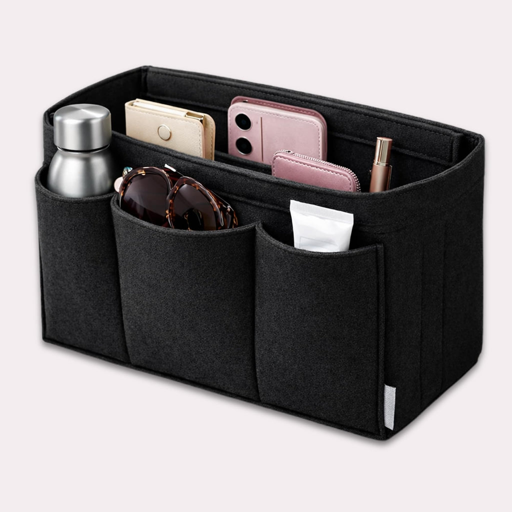 SYUTAM Felt Purse Organizer Insert for Ladies Handbag, Tote, Shoulder Hobo Bag Storag, Storage Compartment with Detachable Zipper Cover-Black(11.4x5.9x7.1) inch(Large)