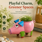 ATRANGI STUDIO Pig Shape Handpainted Metal Planter | Decorative Planter for Indoor Outdoor Plants | Perfect for Succulent | Home, Balcony, Garden Decor | 7×4×4.5 inches (Pink)