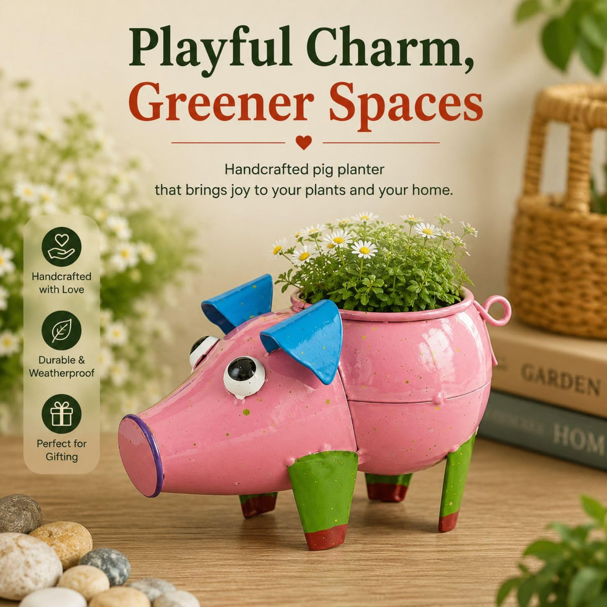 ATRANGI STUDIO Pig Shape Handpainted Metal Planter | Decorative Planter for Indoor Outdoor Plants | Perfect for Succulent | Home, Balcony, Garden Decor | 7×4×4.5 inches (Pink)