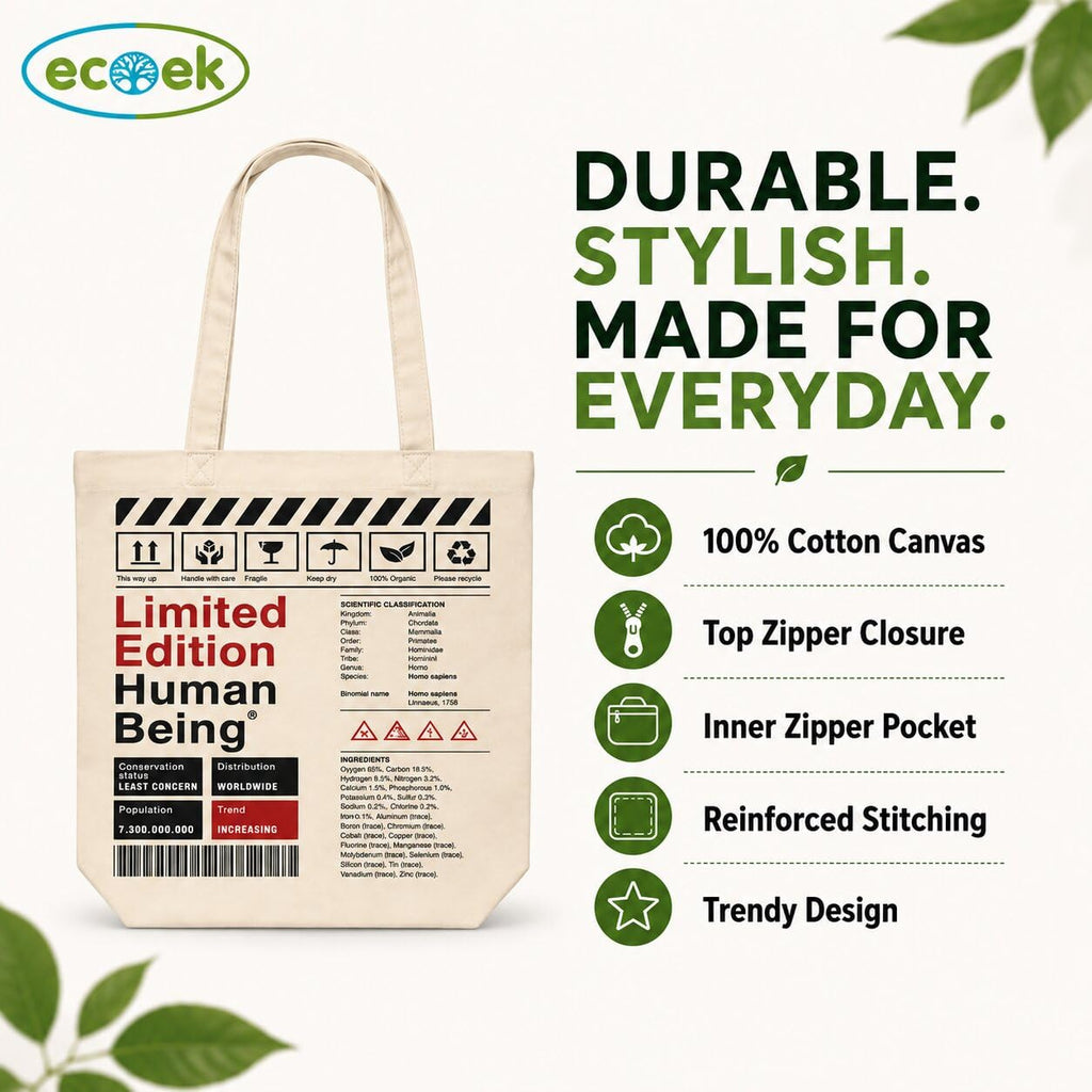 ECOEK Stylish Canvas Tote Bag for Women | Reusable Trendy Zipper Handbag with Pocket, Lightweight Aesthetic Cotton Tote for College, Office, Travel and Daily Use-Limited Edition White
