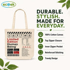 ECOEK Stylish Canvas Tote Bag for Women | Reusable Trendy Zipper Handbag with Pocket, Lightweight Aesthetic Cotton Tote for College, Office, Travel and Daily Use-Limited Edition White