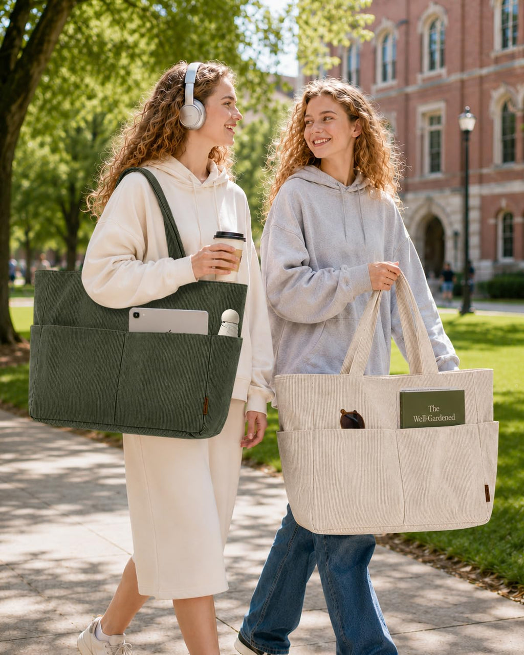 Batfield Large Tote Bag for Women with Zipper & 9 Compartments, Casual Corduroy Shoulder Bag, Lightweight Foldable Travel Handbag for College, Work, Shopping & Daily Use (Green)