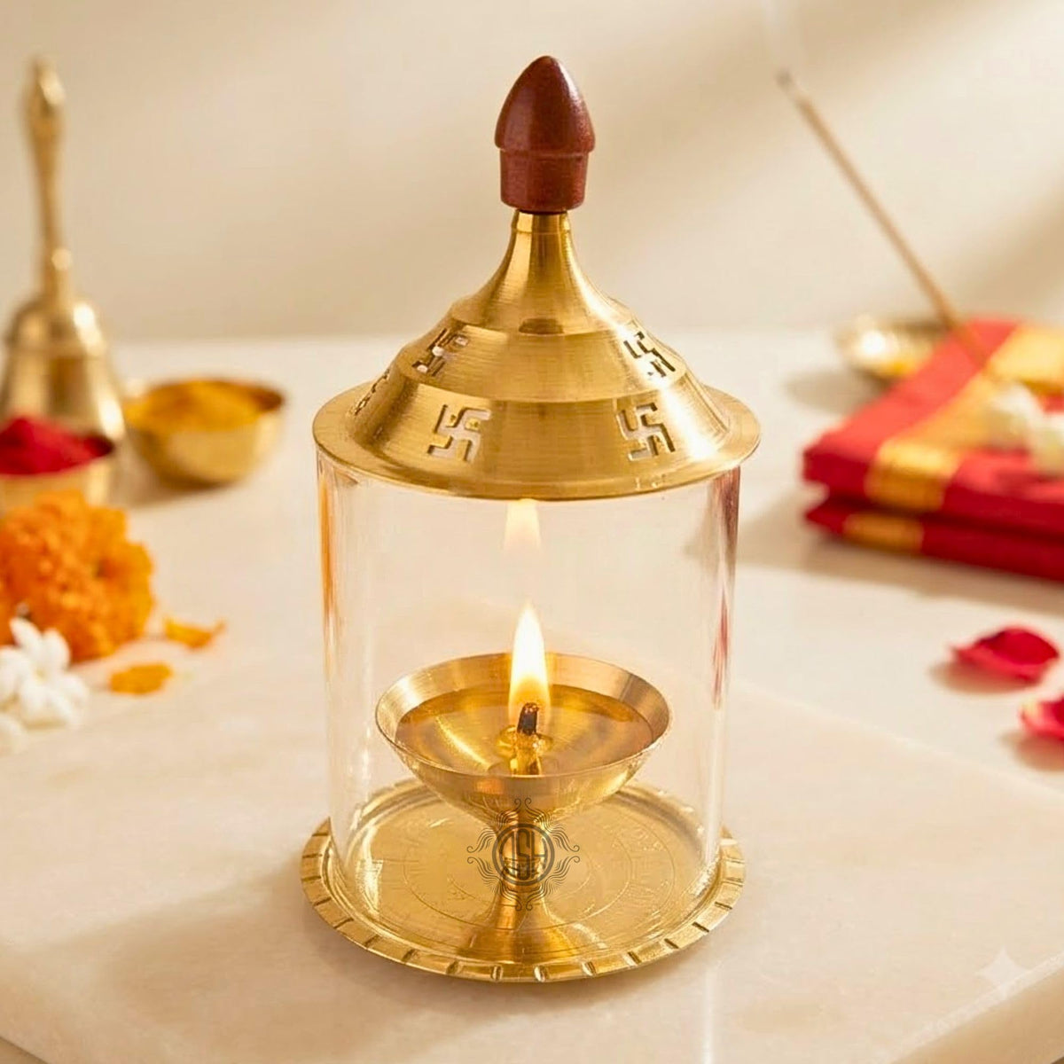 DSH Brass Akhand Diya Decorative Brass Glass Oil Lamp and Tea Light Holder for Diwali Pooja and Gift Item. (S)