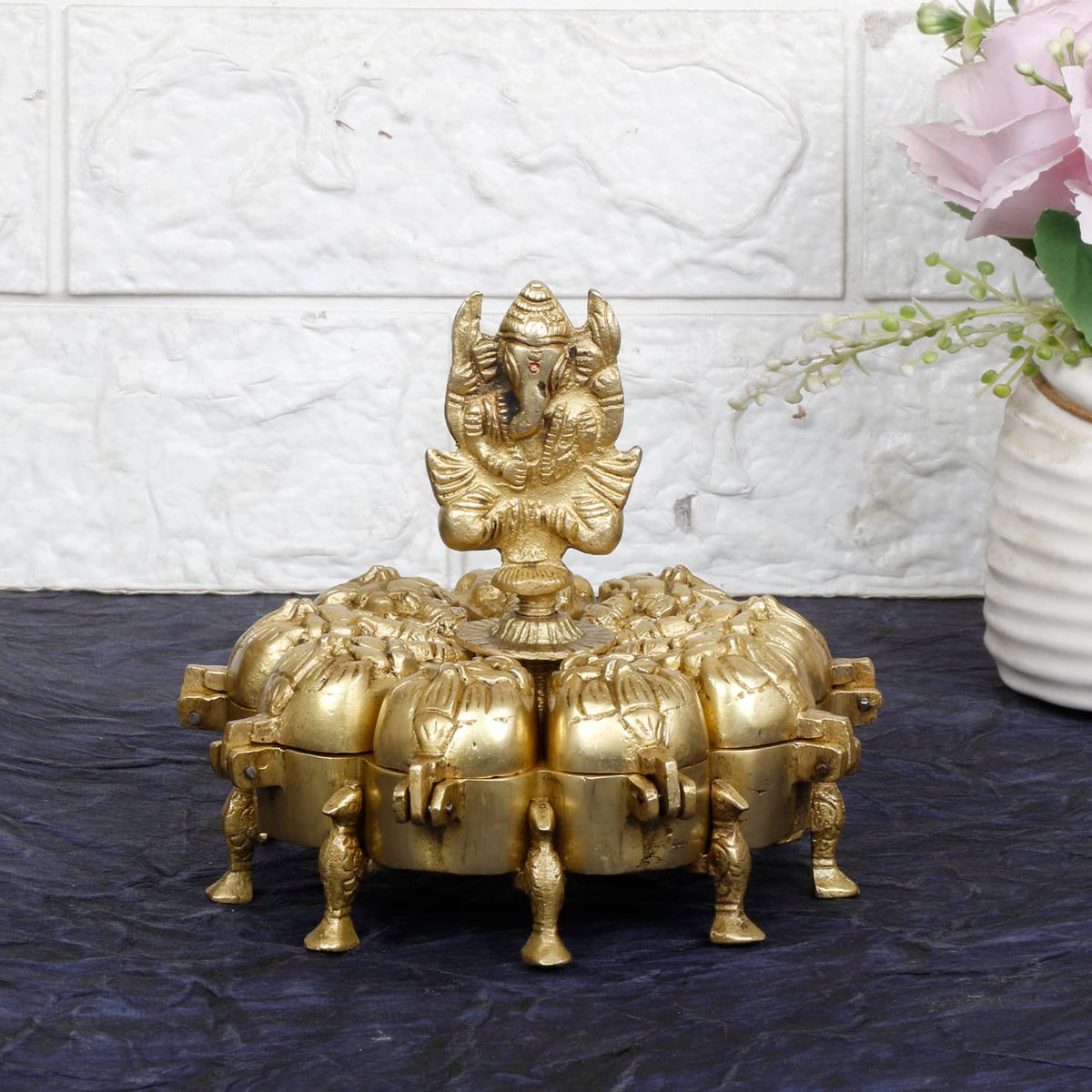SVARUP Brass Nine Compartment Box Chopda Multiple Box for Vermillion Haldi Chandan Kumkum Sindoor with Ganesh Ganpati Murti Idol 6 Inch