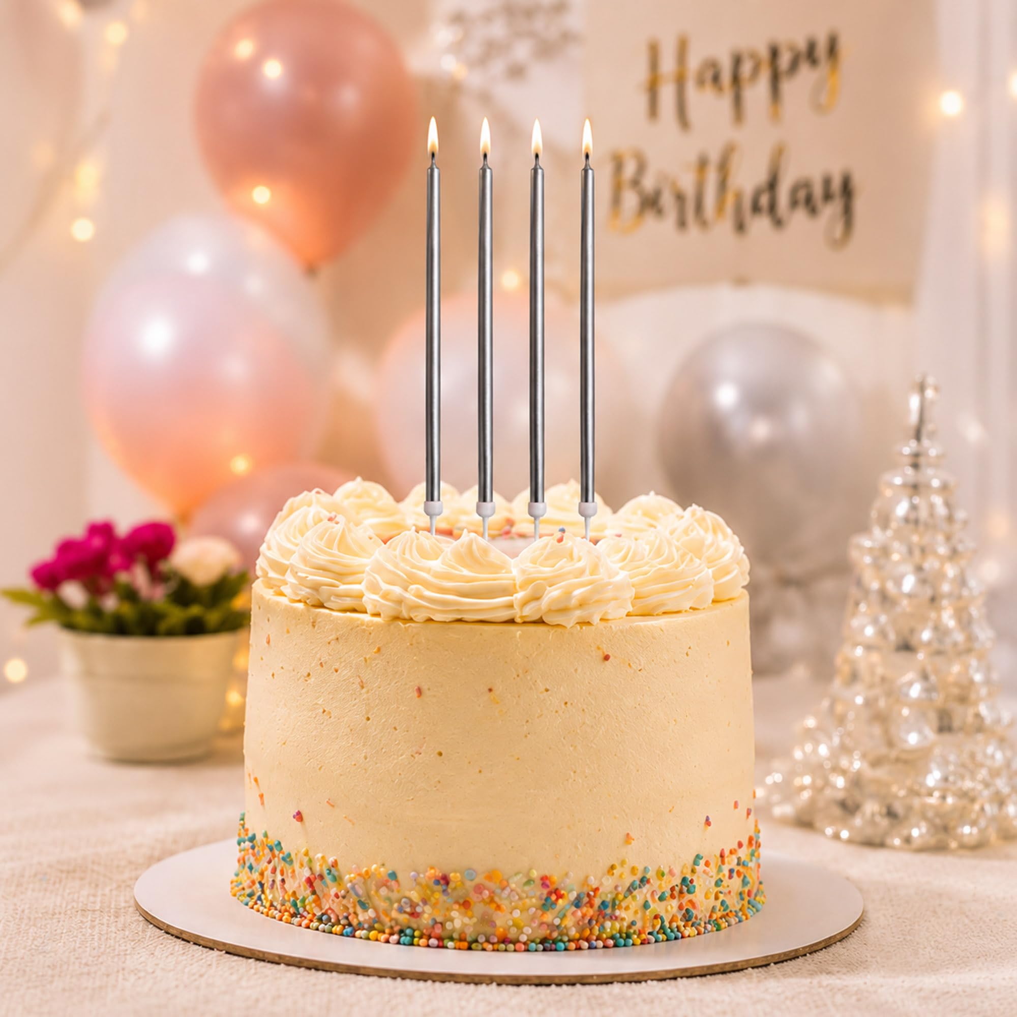 Lalantopparties Silver Slim Birthday Cake Candles with Holders, Metallic Long Thin Candles for Cake Decoration, Birthday, Wedding, Anniversary, Baby Shower, Bachelorette & Bachelor Party (Pack of 6)