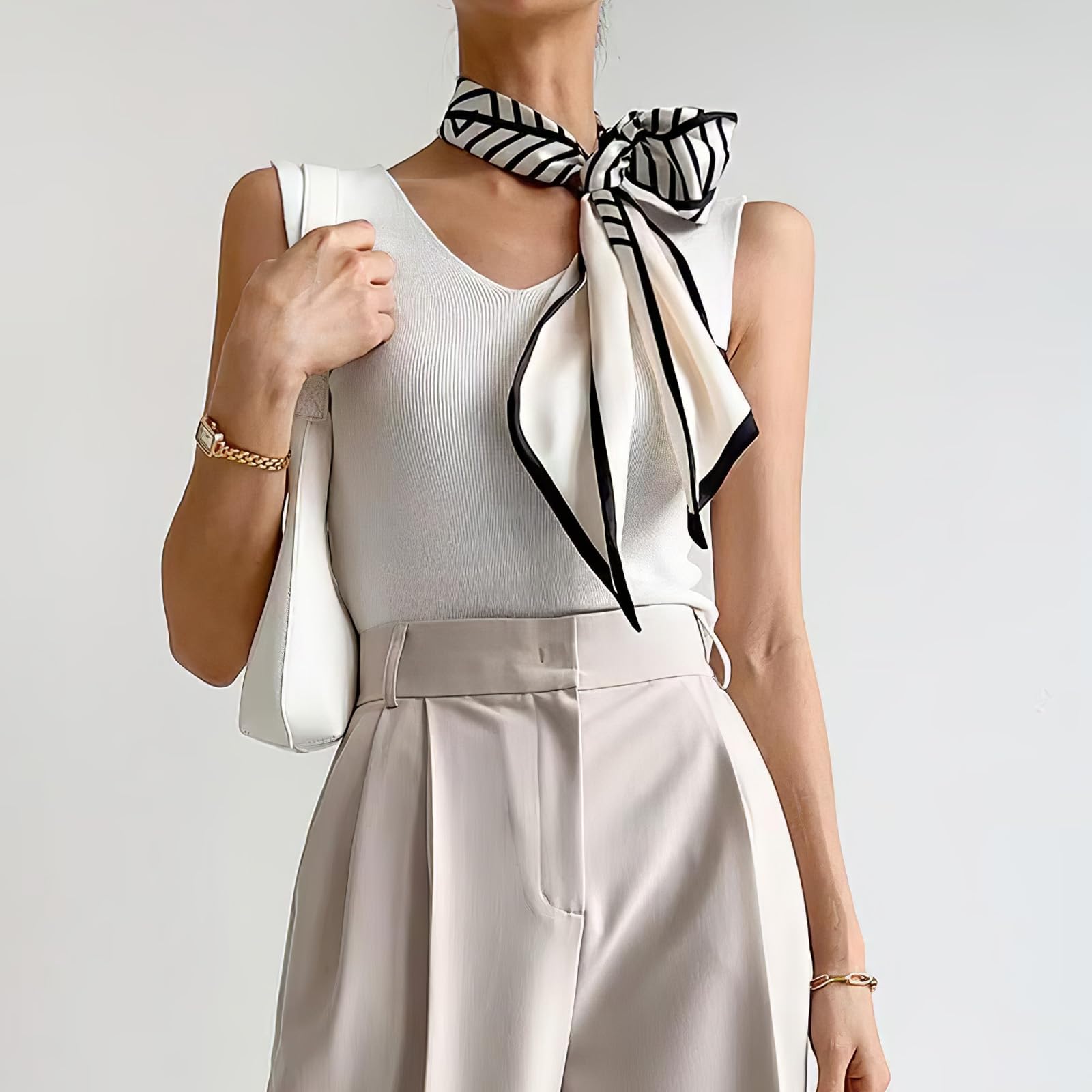 TecoKart® Silk Neck Scarf for Women, Stylish Satin Scarves for Suit, Blazers, Shirts, Ideal Neckerchief for Casual and Formal Wear - Black and White Grid