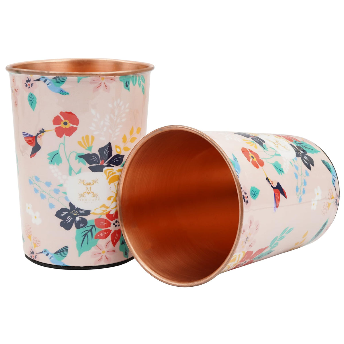 MERCAPE® 100% Pure Copper Glasses Set of 2 | Designer Meena Print | 300ml Each | Ayurvedic Benefits | Handmade Copper Tumblers for Daily Use & Gifting (Multiple Designs) (Midnight Bloom Design)