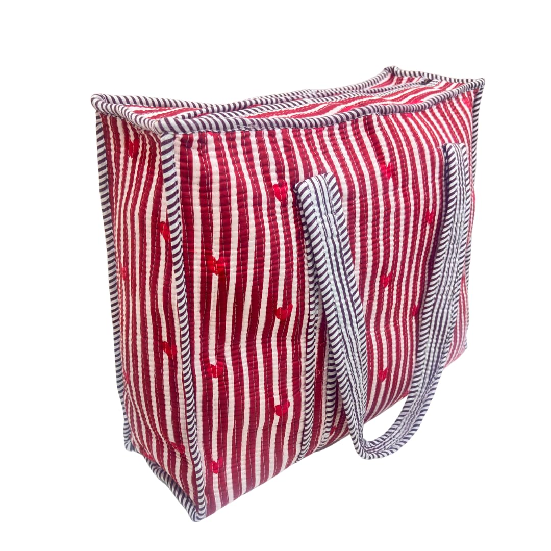 RajPadmini 4-in-1 Festive Gifting Combo : Premium Quilted Tote Bag + 3 Waterproof Pouches = Your Complete Organization Solution! (Heart Red)