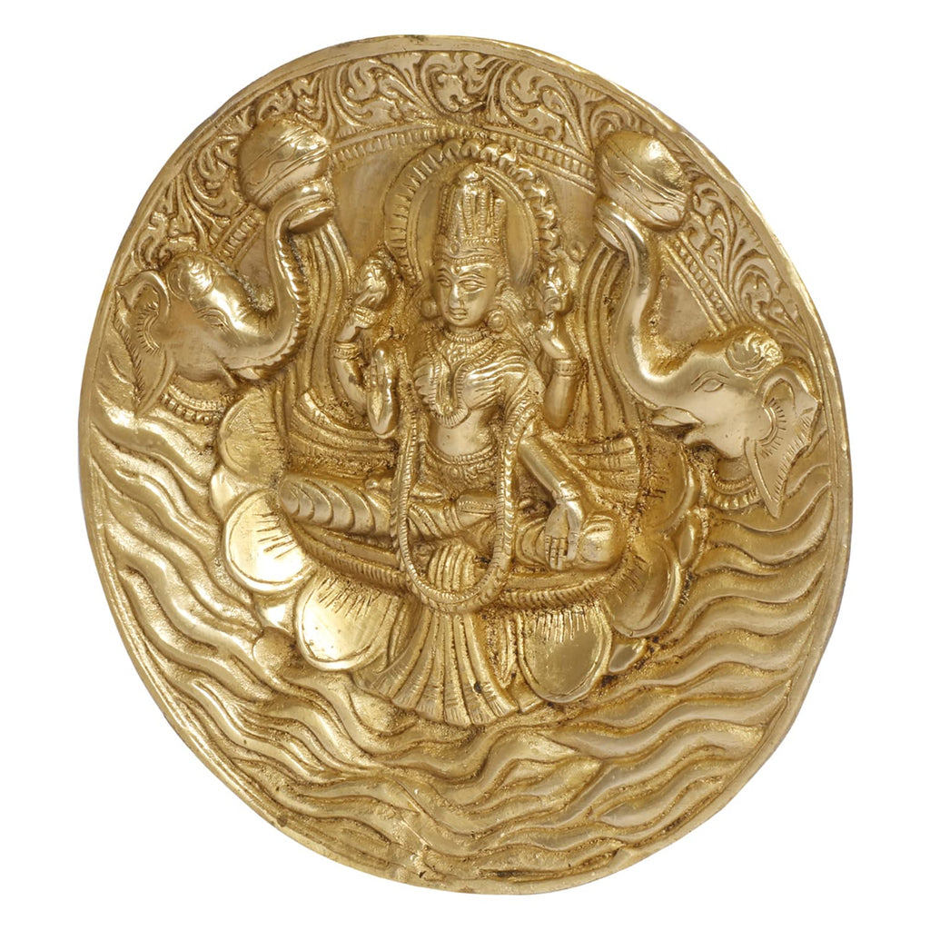 ARTVARKO Goddess Lakshmi Carved Brass Gajalakshmi Laxmi Devi with Elephant Idol Entrance Door Wall Decor for Home Office Gift 7.5 Inch.